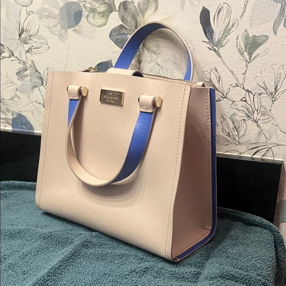 Kate Spade Cream Tote with Blue Handles